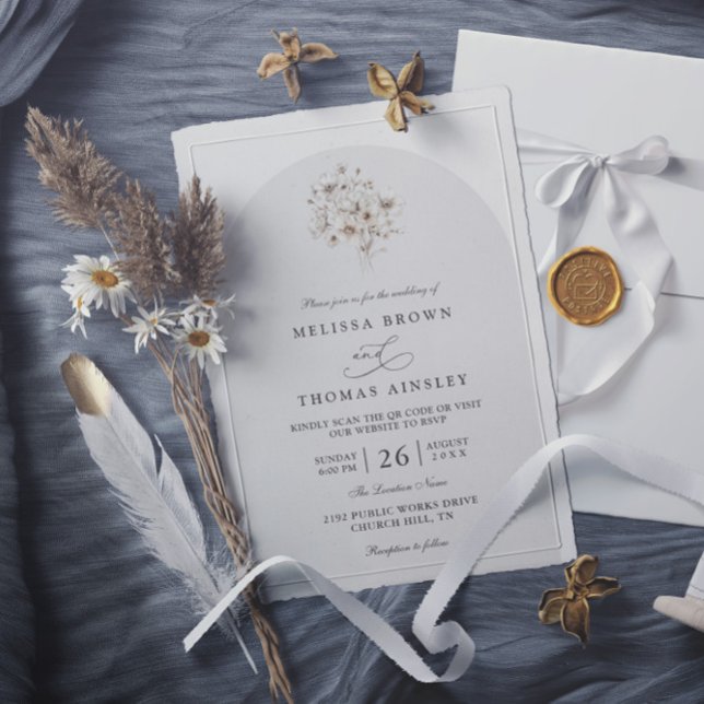 Elegant Rustik Monogram Blommig QR-kod Bröllop Inbjudningar (Skapare uppladdad)