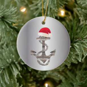 elegant rustik nautisk ANCHOR + SANTA HAT Julgransprydnad Keramik