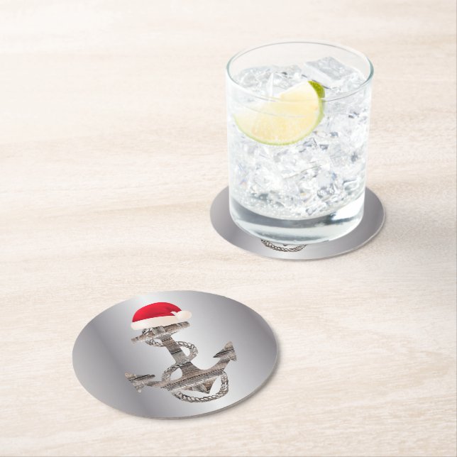 elegant rustik nautisk ANCHOR + SANTA HAT | Rund Underlägg Papper Rund (Insitu)