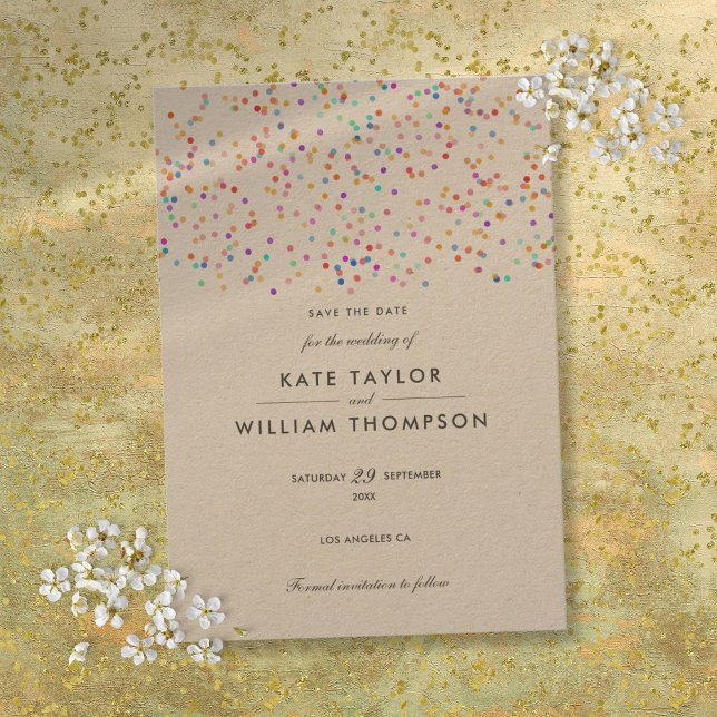 Elegant Rustik Regnbåge Konfetti Bröllop Spara Datumet (Elegant Rustic Rainbow Confetti Wedding Save The Date)