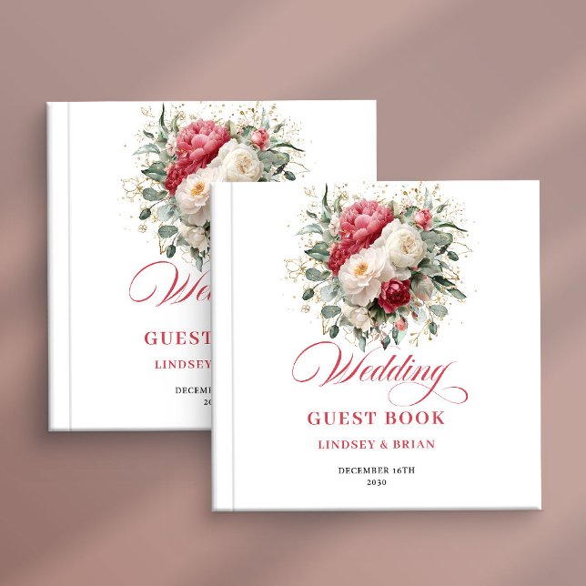Elegant Rustik Röd Brudslöja Blommig Bröllopsgästb Gästböcker (Chic Rustic Red Blush Floral Wedding Guest Book)