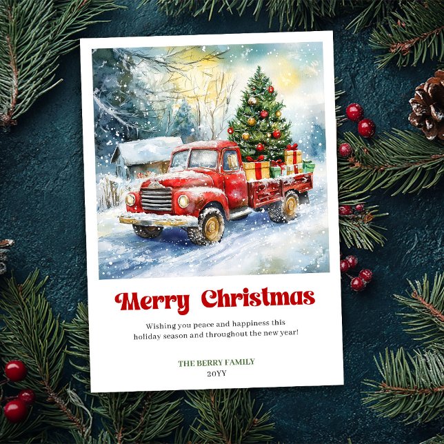 Elegant Rustik Röd Lastbil Julscen Julhälsning  Julkort (Chic Rustic Red Truck Christmas Scene Greeting Holiday Card)