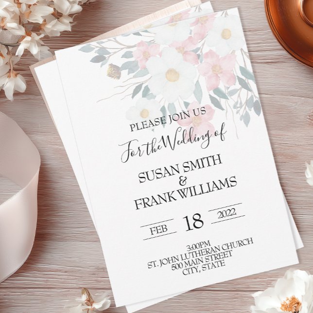 Elegant rustik rosa och vit akvarellblomma inbjudningar (Watercolor Floral Wedding Invite)