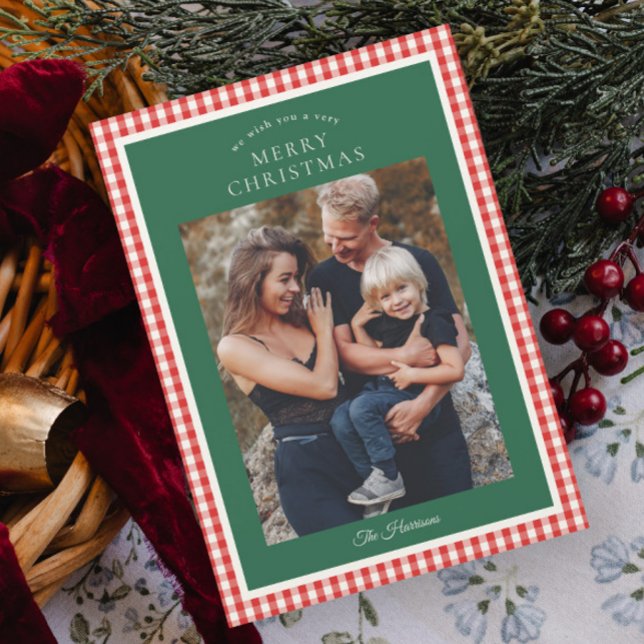 Elegant Rustik Rutigt Jul Foto (Elegant, Rustic Red Gingham Magnetic Photo Christmas Cards.)