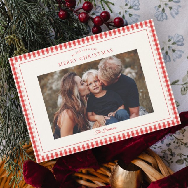Elegant Rustik Rutigt Julfoto (Red gingham magnetic photo Christmas cards.)
