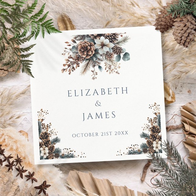Elegant Rustik Skogs Blommig Tallkottar Bröllop Pappersservett (Elegant Rustic Forest Floral Pinecones Wedding Napkins)