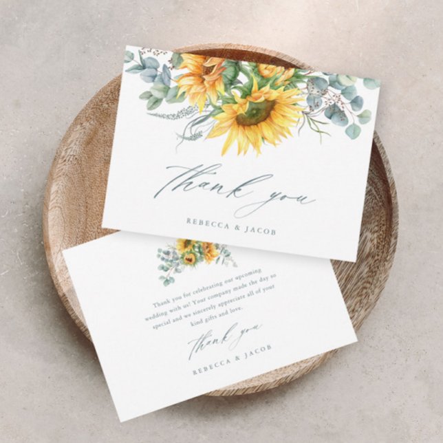 Elegant Rustik Solros Bröllopsdusch Inbjudningar (Elegant rustic sunflower eucalyptus wedding bridal shower thank you card.)