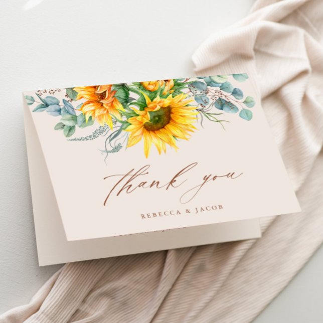 Elegant Rustik Solros Bröllopsfest Tack Kort (Elegant rustic sunflower eucalyptus wedding bridal shower thank you card.)