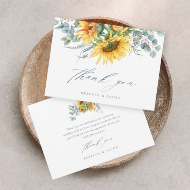 Elegant Rustik Solros Bröllopsfest Tack Kort (Elegant rustic sunflower eucalyptus wedding bridal shower thank you card.)