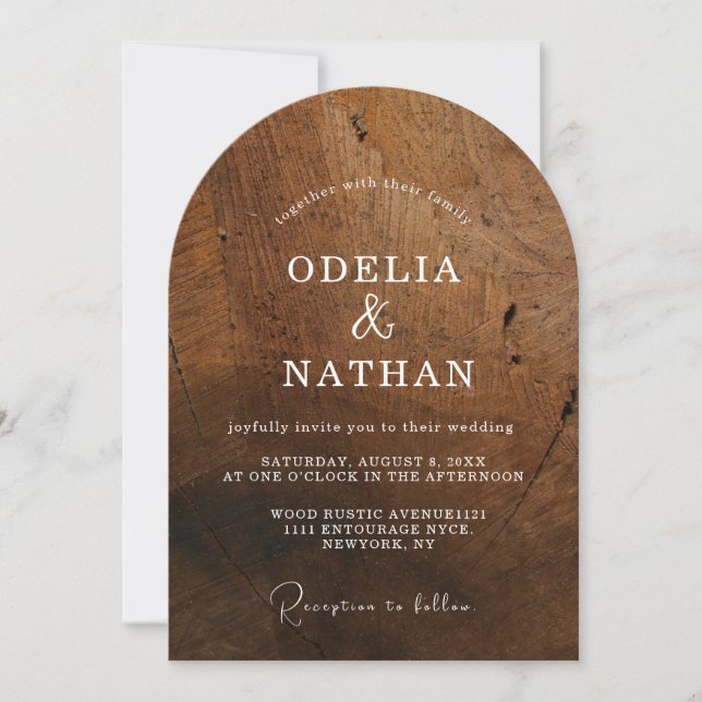 Elegant rustik textur av trästruktur välvd bröllop inbjudningar (Framsida)
