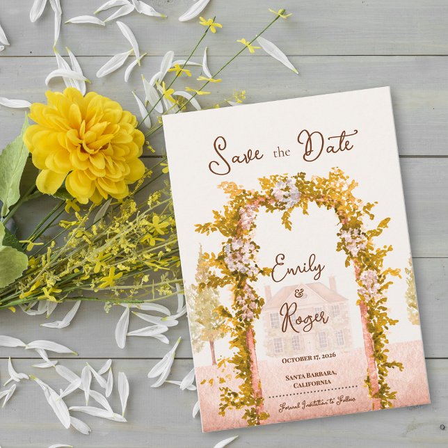 Elegant Rustik Trädgårdsbåge Bröllop Save the Date Meddelande (Elegant Watercolor Garden Arch Save the Date Rustic Countryside Wedding Save the Date Card)