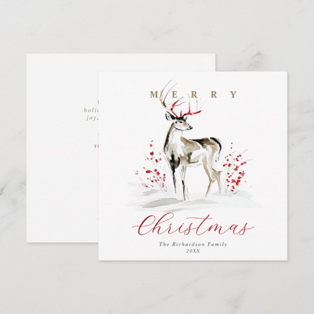 Elegant rustik vattenfärg hjort jul julkort (Fram/baksida)