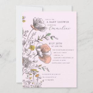 Elegant Rustik Vildblomma Rosa Bebis Shower Inbjudningar