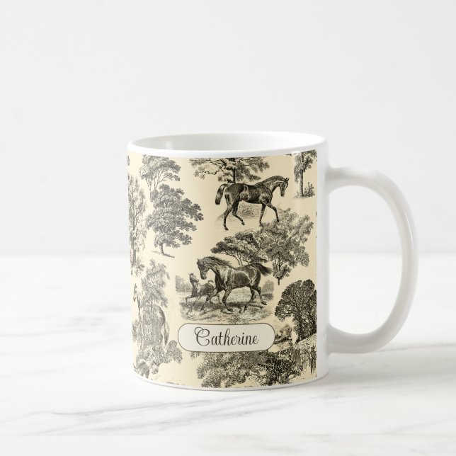 Elegant Rustikala Hästar Träd Beige Tan Toile Kaffemugg (Höger)