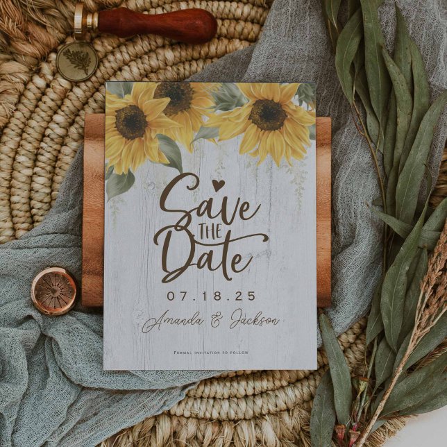 Elegant, rustiska solrosor bröllop spara datumet (Sunflower save the date cards)