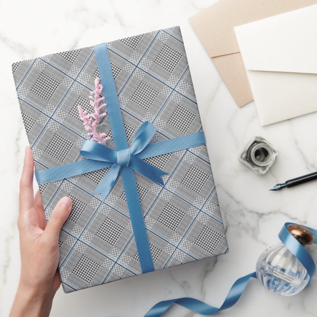 Elegant Rutigt Blått Grått Svart Mönster Presentpapper (Gifting)