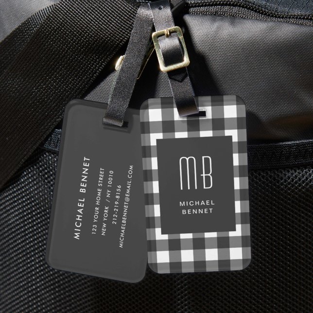 Elegant Rutigt Monogram Bagagebricka (Elegant Gingham Monogram Luggage Tag)