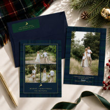 Elegant rutmönstrad julkortsfamilj foto med guldre