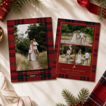 Elegant rutmönstrad julkortsfamilj foto med guldre