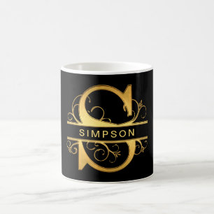 Elegant ’S’ Monogram Personlig Namn Black Guld Kaffemugg