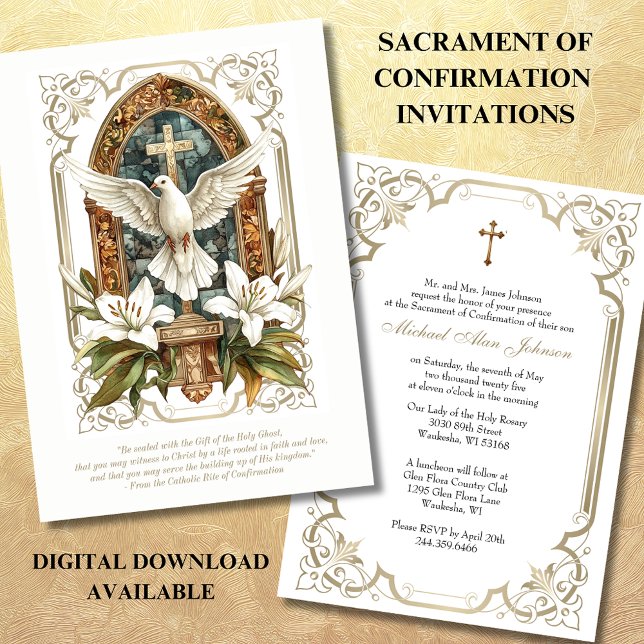 Elegant Sacrament of Confirmation Dove White Lily Inbjudningar (Skapare uppladdad)