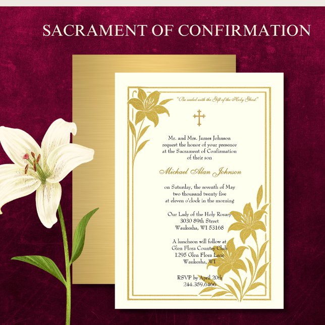 Elegant Sacrament of Confirmation Guld Lilies Inbjudningar (Skapare uppladdad)