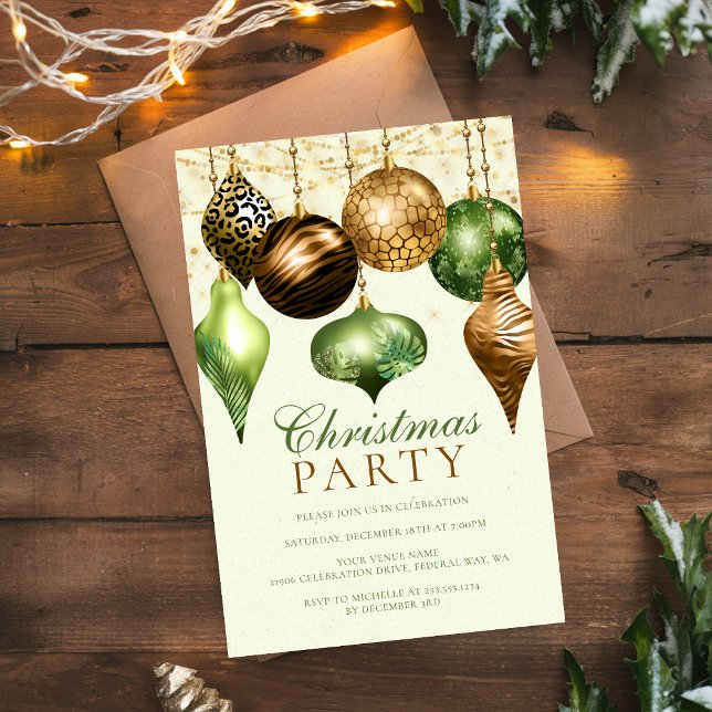 Elegant Safari Guld Ornament jul Party Inbjudningar (Elegant Safari Gold Ornament Christmas Party Invitation)