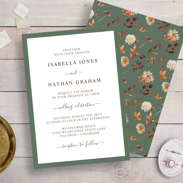 Elegant Sage Autumn Bröllop Inbjudningar (Elegant Minimalist Sage Green Autumn Wedding Invitation by Painted Paperei
)