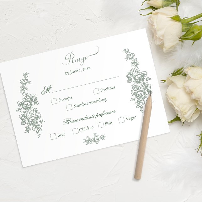 Elegant Sage Baroque Roses Wedding OSA Kort (Skapare uppladdad)