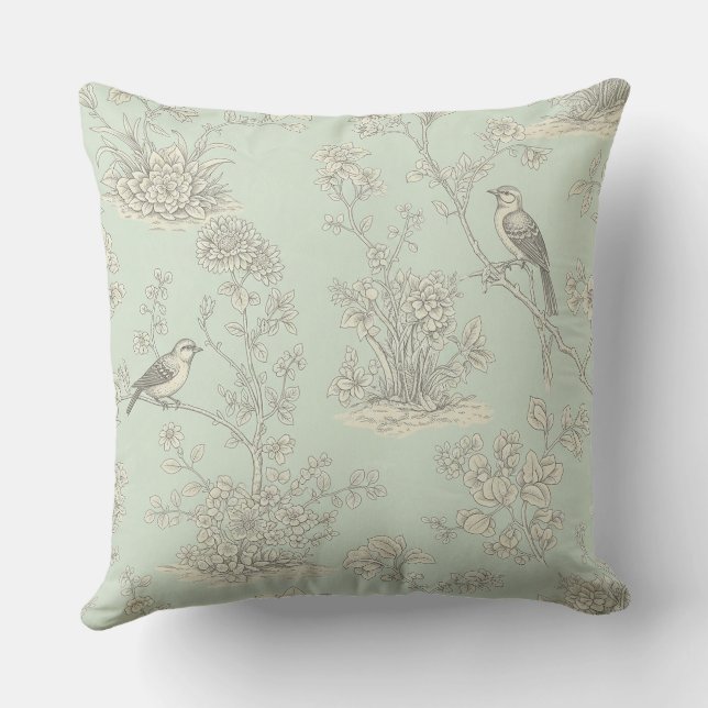 Elegant Sage Bird Botanisk Toile-mönster Kudde (Baksida)