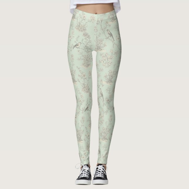 Elegant Sage Bird Botanisk Toile-mönster Leggings (Framsida)