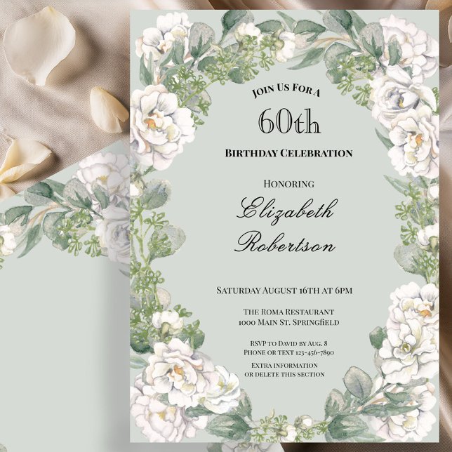 Elegant Sage Blommig Kant Kvinnas 60-årsdag  Inbjudningar (Skapare uppladdad)