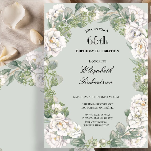 Elegant Sage Blommig Kant Kvinnas 65-årsdag  Inbjudningar (Skapare uppladdad)