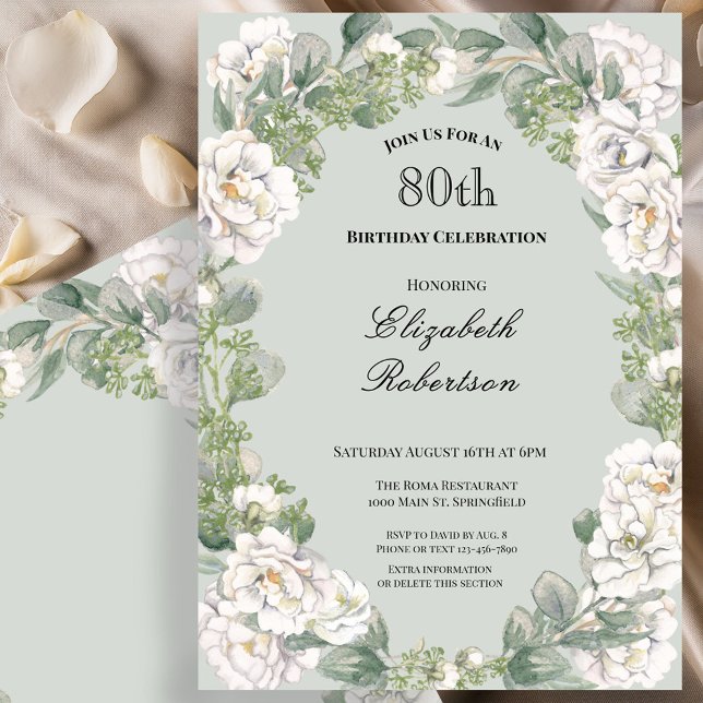 Elegant Sage Blommig Kant Kvinnas 80-årsdag  Inbjudningar (Skapare uppladdad)