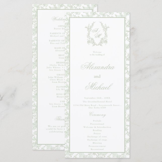 Elegant Sage Blommig Toile Vapen Bröllop Program (Fram/baksida)