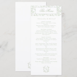 Elegant Sage Blommig Toile Vapen Monogram Bröllop Meny