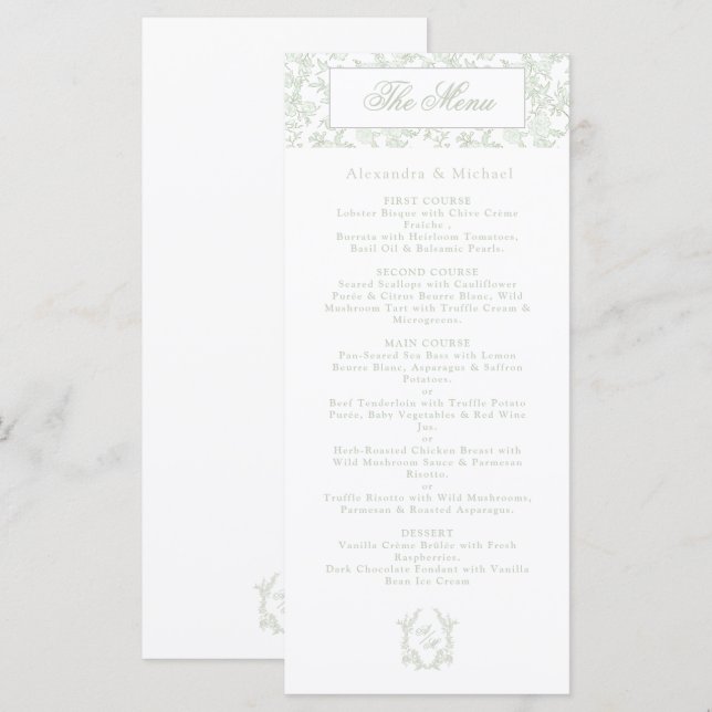Elegant Sage Blommig Toile Vapen Monogram Bröllop Meny (Fram/baksida)