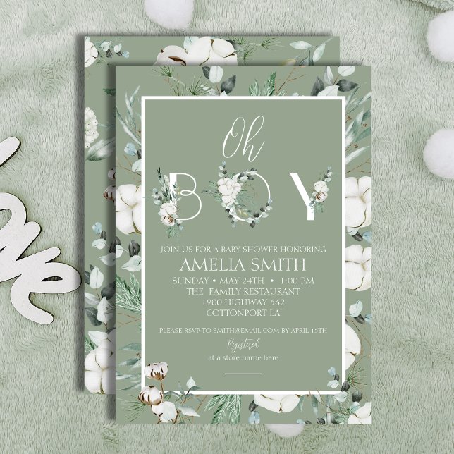 Elegant Sage Blommigt Oh Boy Baby Shower Inbjudningar (Skapare uppladdad)