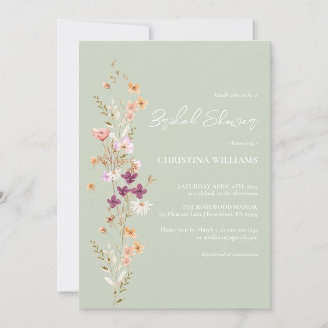 Elegant Sage Boho WildblommMöhippa Inbjudningar (Framsida)