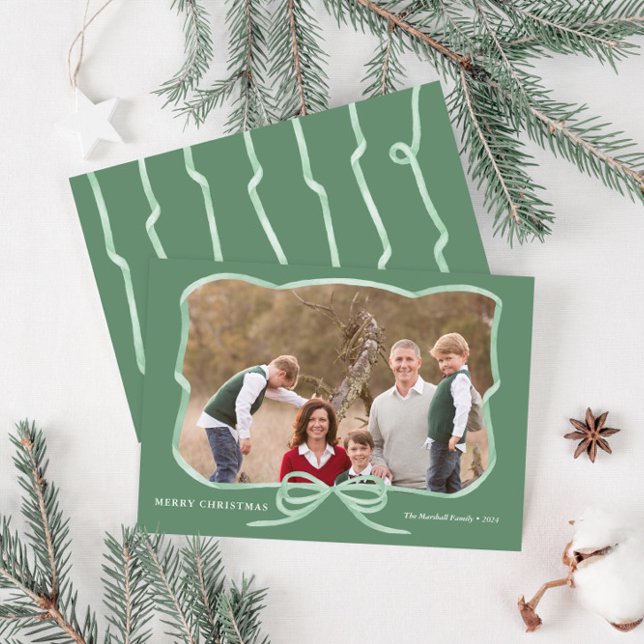 Elegant Sage Bow Photo Ram God jul Julkort (Modern sage green ribbon frame family photo holiday cards with hand-painted watercolor ribbon bow)
