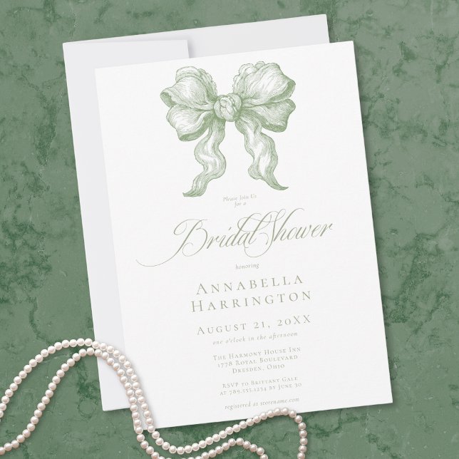 Elegant Sage Bow Toile French Bridal Shower Inbjudningar (Elegant Sage Bow Toile French Bridal Shower Invitation)