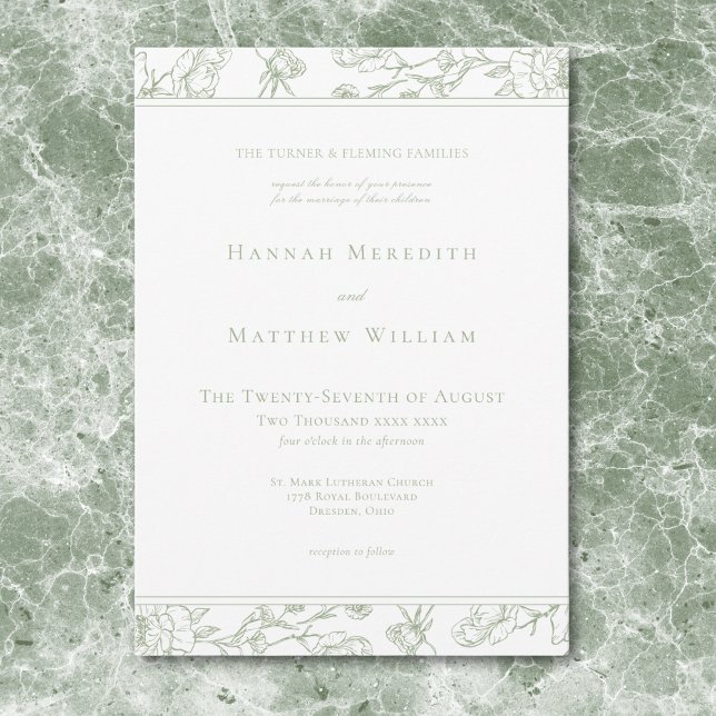 Elegant Sage Chinoiserie Fågel Kam Broderad Bröllo Inbjudningar (Elegant Sage Chinoiserie Bird Crest Border Wedding Invitation)