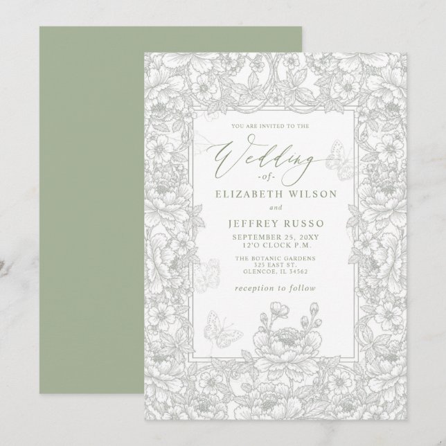 Elegant Sage Chinoiserie Floral Botanical Wedding Inbjudningar (Fram/baksida)