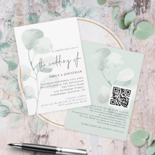 Elegant Sage Eucalyptus QR kod Bröllop Inbjudningar
