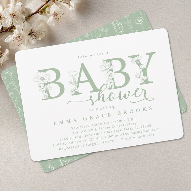 Elegant Sage Floral Baby Shower Typography Inbjudningar (Baby Shower Invite)
