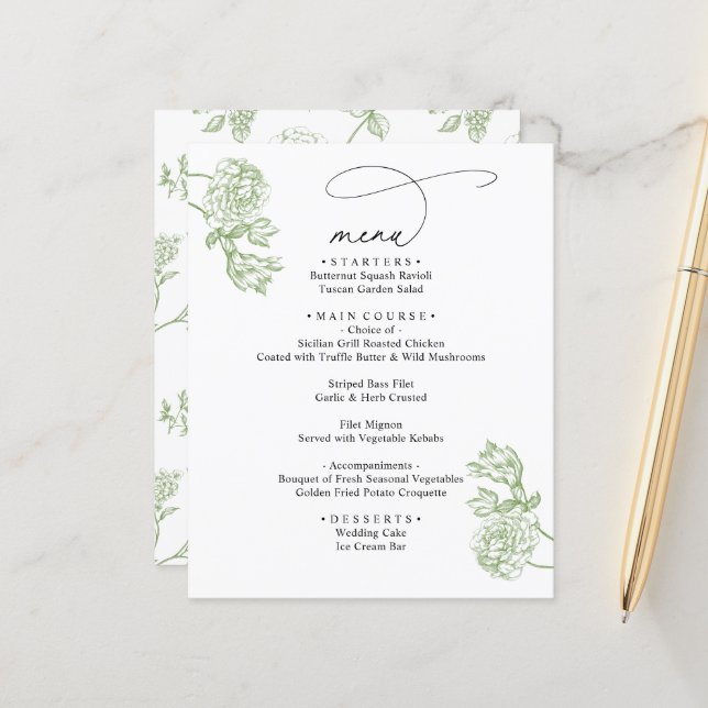 Elegant Sage Floral Modern Script Wedding Menu (Fram/Back In Situ)
