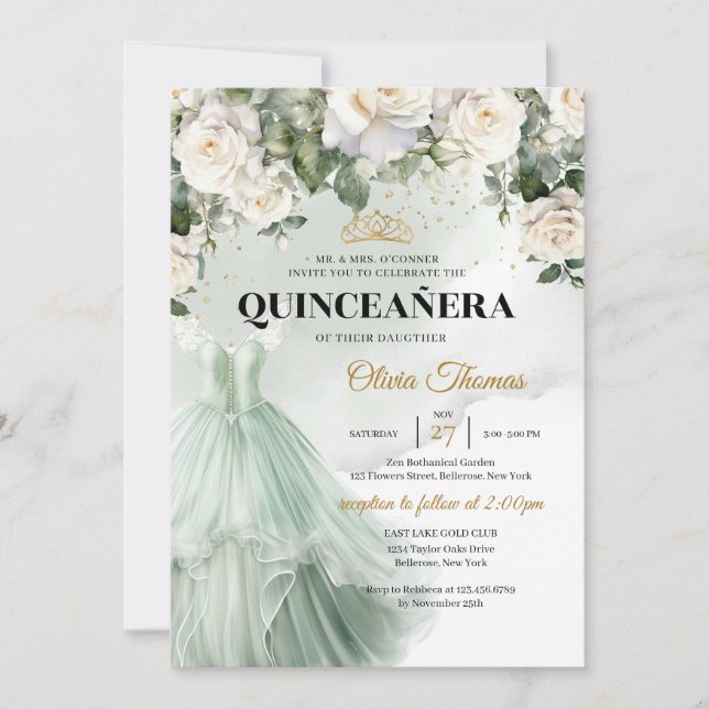 Elegant Sage Formell Dress Vit ros Greenery Inbjudningar (Framsida)