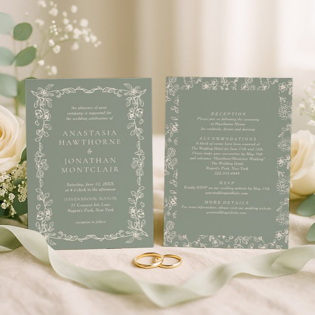 Elegant Sage Green All in One Wedding Inbjudningar (Skapare uppladdad)