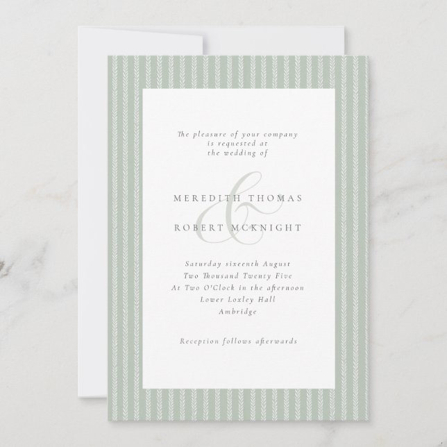 Elegant Sage Green and White Stripes Wedding Inbjudningar (Framsida)