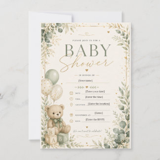 Elegant Sage Green Baby Shower Invitation | Teddy Inbjudningar